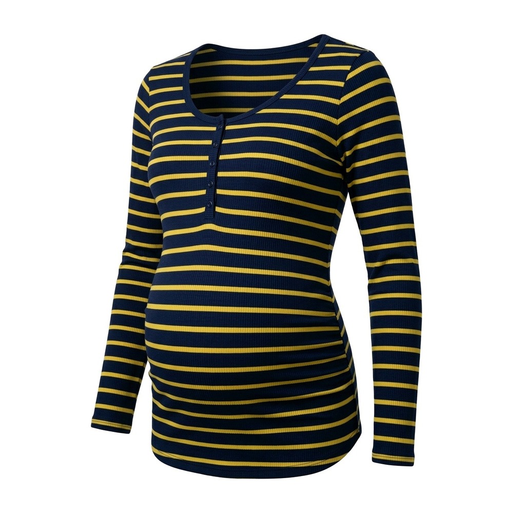Motherhood‎ Maternity XL Henley Top Navy Yellow Striped Waffle Knit Side Ruched